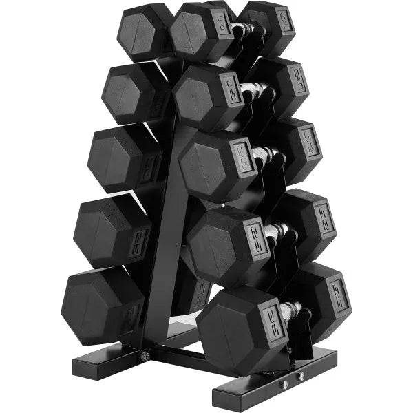 24 Hour Sport Premium Rubber-Encased Hex Dumbbells With Rack