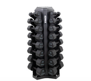 Stack of 8 pairs of dumbbells in a black storage rack.