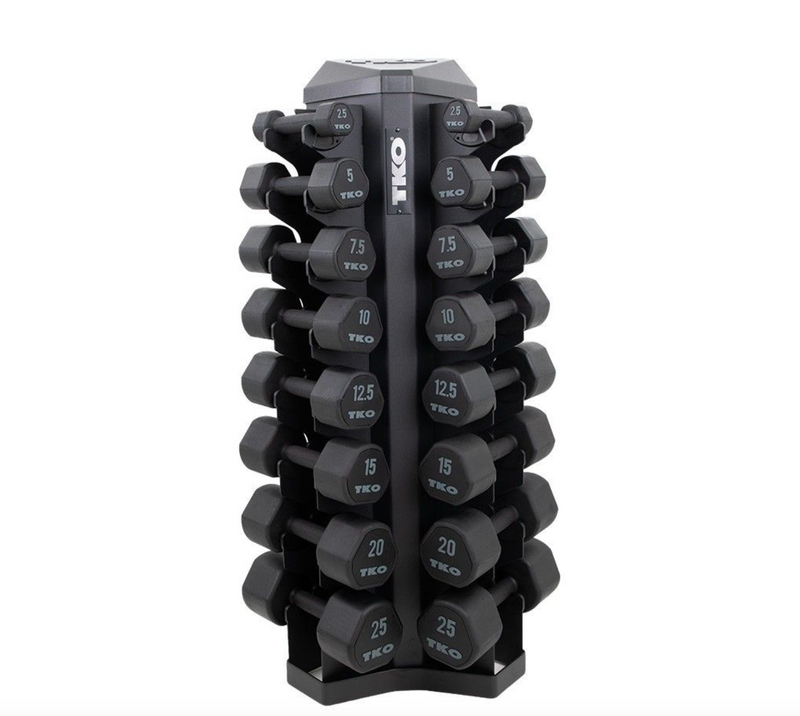 Stack of 8 pairs of dumbbells in a black storage rack.