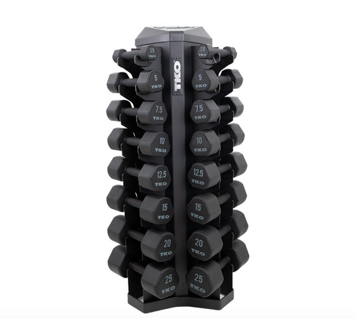 Stack of 8 pairs of dumbbells in a black storage rack.